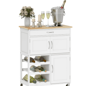 Rolling Kitchen Cart, White, Island With Storage Drawer, 9-Bottle Wine Rack, Door Cabinets, Wooden Countertop