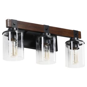19in  Rustic 3-Light Vanity Light, Industrial Bathroom Wall Sconce With Glass Shades And Wood Accent, Modern Farmhouse Lighting Fixture  No Bulbs