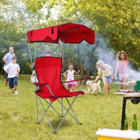 Foldable Beach Canopy Chair Sun Protection Camping Lawn Canopy Chair 330LBS Load Folding Seat w/ Cup Holder For Beach Poolside Travel Picnic (Option: Red)