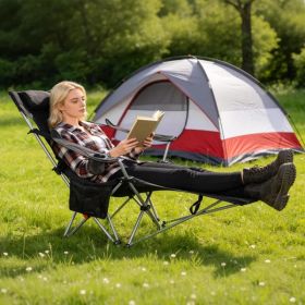 Portable Folding Camping Chair with Removable Footrest Waterproof Oxford Cloth Support 220lbs Multifunctional Recliner Chair with Cup Holder & Side Po (Option: Black)