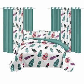 9 Piece Room In A Bag Quilt And Curtain Set, US Designer Boho Feather Print Heavyweight Bedspread With 6 Customizable Window Panels, Pet-Friendly High (Option: Cal King)