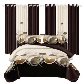9 Piece Soft All-Season Washed Microfiber Cover Set , Queen/King/Calking Bedding Set With Pillowcases,Bedspread Print Curtains & Solid Curtains,Print, (Option: Brown leaves-QUEEN)
