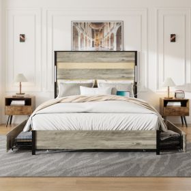 Queen Size Bed Frame With Headboard And 4 Storage Drawers , Queen Bed Frame With Charging Station And LED Lights, Wood Slats, Easy Assembly,No Box Spr (Option: QUEEN)
