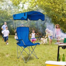 Foldable Beach Canopy Chair Sun Protection Camping Lawn Canopy Chair 330LBS Load Folding Seat w/ Cup Holder For Beach Poolside Travel Picnic (Option: Blue)