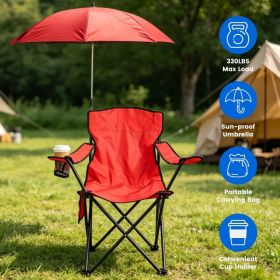 Folding Camping Chair with Detachable 8-Rib Sun Umbrella, 42.13 Inch Canopy Aluminum Alloy Portable Lawn Chair Supports 330LBS with Cup Holder (Option: Red)