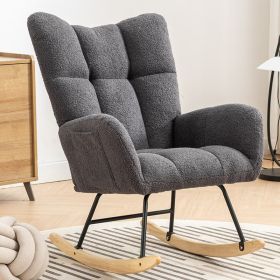 Rocking Chair With Pocket, Soft Teddy Fabric Rocking Chair For Nursery, Comfy Wingback Golider Rocking Chair With Safe Solid Wood Base For Living Room (Color: Grey)