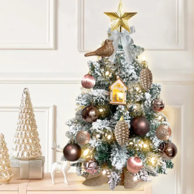 22in Tabletop Christmas Tree With Light Artificial Small Mini Red Christmas Decoration With Flocked Snow, Exquisite Decor & Xmas Ornaments For Table T (Option: Woodland)