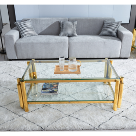 47 Wide Rectangle Modern Stainless Steel Coffee Table, Double-Layer Clear Tempered Glass Coffee Table, Center Table With Storage, For Living Room Home (Color: Gold)