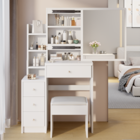 29.2 Small Space Left Bedside Cabinet Vanity Table  Cushioned Stool, Extra Large Right Sliding Mirror, Multi Layer High Capacity Storage, Practical Fa (Color: White)