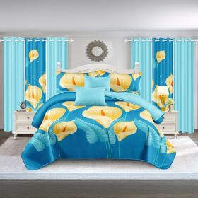 9-Piece Blue And Yellow Floral Quilted Bedspread Set With 6 Curtains And Pillowcases, Microfiber Bedroom Decor (Option: King)