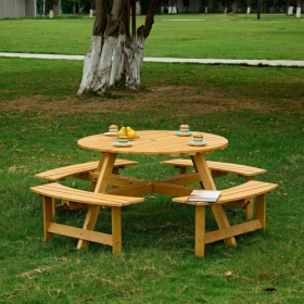 Outdoor 8 Person Picnic Table, 8 Person Round Picnic Table With 4 Built-in Benches, Umbrella Hole, Outside Table And Bench Set For Garden, Backyard, P (Option: Natural)