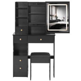 29.2 Small Size Left Drawer Desktop Vanity Table  Cushioned Stool, Large Sliding, Touch Control, Tri-color Switching, Brightness Adjust LED Mirror, Hi (Color: Black)