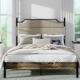 Queen Size Bed Frame With Upholstered Headboard , Queen Bed Frame With Charging Station And LED Lights, Wood Slats, Easy Assembly,No Box Spring Needed (Option: QUEEN)