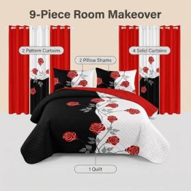 9-Piece Black and White Red Floral Quilt and Curtain Set, Reversible Microfiber Bedspread with 2 Pillow Shams and 6 Window Curtains, Queen, King and C (Option: QUEEN)