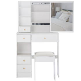 29.2 Small Space Left Drawer Desktop Vanity Table  Cushioned Stool, Extra Large Right Sliding Mirror, Multi Layer High Capacity Storage, Practical Fas (Color: White)