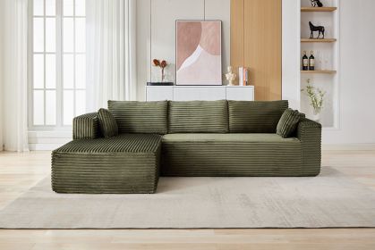 L-Shaped Compression Sofa Bed With Corduroy Fabric - Convertible Sectional Sofa, Foldable Floor Couch Sleeper, Space-Saving Flannel-Like Lounge For Sm (Color: green)