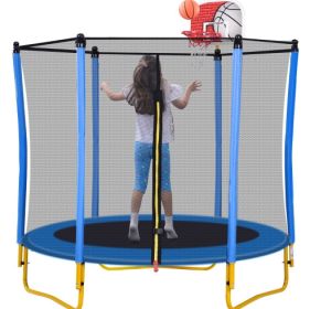 5.5FT Trampoline For Kids -65 Outdoor & Indoor Mini Toddler Trampoline With Enclosure, Basketball Hoop And Ball Included (Color: Blue)