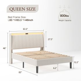 Platform Bed Frame With Fabric Upholstered Headboard And Wooden Slats Support, Fully Upholstered Mattress (Option: QUEEN)