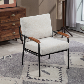 Modern Accent Chair With Natural Wood Armrests And Black Metal Frame, Light Beige Upholstered Seat And Backrest, Comfortable Lounge Chair For Bedroom, (Color: Beige)