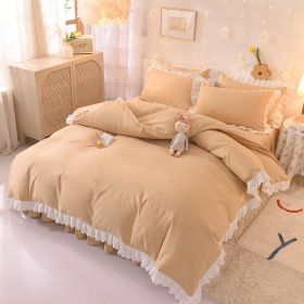 Princess Style Girl Brushed Multicolor 4-piece Set Quilt Cover Sheet Pillowcase Spring Autumn Winter Solid Fleece Thick Bedskirt (Color: Beige)