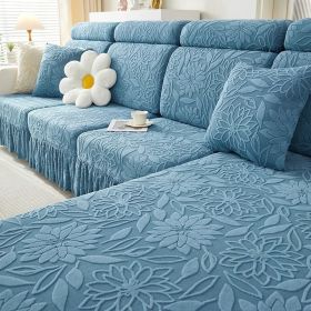 Jacquard velvet elastic leather sofa cover, simple all inclusive universal cover, all season universal lazy man anti cat scratch sofa cover (Color: Camellia skirt edge lake blue, size: Headrest S)