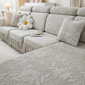 Jacquard velvet elastic leather sofa cover, simple all inclusive universal cover, all season universal lazy man anti cat scratch sofa cover (Color: Camellia skirt edge light gray, size: XL+)