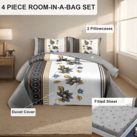 4 Piece Soft All-Season Washed Microfiber Cover Set , Queen/King/Calking Bedding Set With Zipper Closure, Sheet, Pillowcases,Print, Moisture-Wicking (Color: grey/white flower, size: cal king)