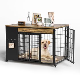 42-Inch Double Wide Wooden Double-Door Dog Crate Side Table Combo (Color: RUSTIC-BROWN)