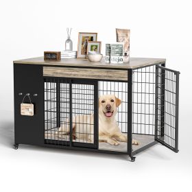 42-Inch Double Wide Wooden Double-Door Dog Crate Side Table Combo (Color: GREIGE)
