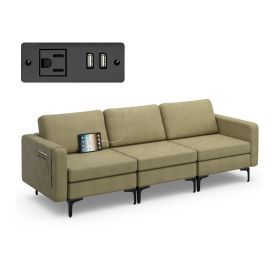 Convertible Sofa Couch with Magazine Pockets 3-Seat with 2 USB Port (Color: green)