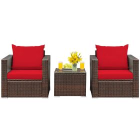 3 Pieces Patio Conversation Rattan Furniture Set with Cushion (Color: Red)