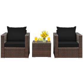 3 Pieces Patio Conversation Rattan Furniture Set with Cushion (Color: Black)