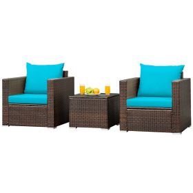 3 Pieces Patio Conversation Rattan Furniture Set with Cushion (Color: Turquoise)