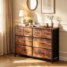 8 Drawers Fabric Cabinet Metal Frame Wide Wood Top Storage Tower TV Stand Clothes Organizer for Bedroom Living Room,Rust Brown (Pack Size: 1 Pack)