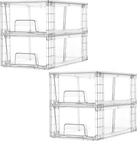 4 Pack Stackable Storage Drawers,Clear Acrylic Drawer Organizers with Handles, Easily Assemble for Fridge, Bathroom,Kitchen Undersink,Cabinet (Pack Size: 1 Pack)