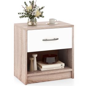 Bedside Table Nightstand with Drawer and Open Storage Shelf (Color: Natural & White)
