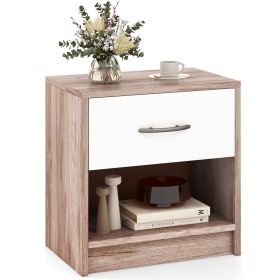Bedside Table Nightstand with Drawer and Open Storage Shelf (Color: Oak)