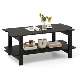 2-Tier Coffee Table Slatted Wood Center Table with Storage Shelf (Color: Black)