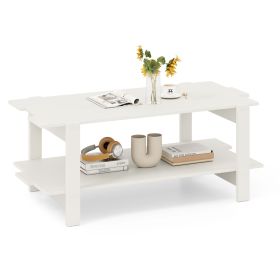 2-Tier Coffee Table Slatted Wood Center Table with Storage Shelf (Color: White)