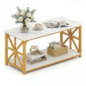 Coffee Table 2-Tier Center Table with Storage Shelf (Color: White & Gold)