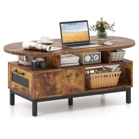 47 Inch Oval Coffee Table with Storage and Open Compartments for Living Room (Color: Rustic Brown)