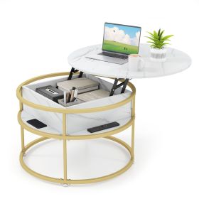 31.5 Inch Round Lift Top Coffee Table with Hidden Compartment and Side Shelves (Color: White)