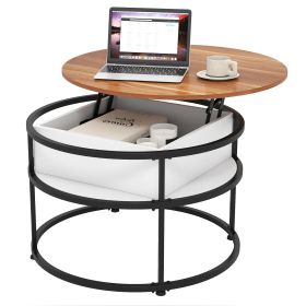 31.5 Inch Round Lift Top Coffee Table with Hidden Compartment and Side Shelves (Color: Teak)