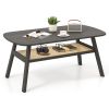 2-Tier Rectangular Center Coffee Table with Rattan Storage Shelf and Rubber Wood Legs