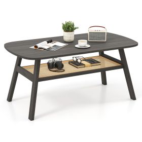 2-Tier Rectangular Center Coffee Table with Rattan Storage Shelf and Rubber Wood Legs (Color: Dark Gray)