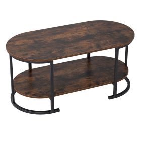 Oval Coffee Table 2-Tier Wooden Accent Table with Spacious Tabletop and Open Storage Shelf (Color: Rustic Brow)