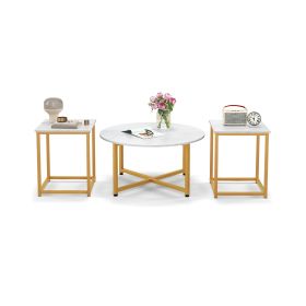 3-Piece Coffee Table Set Round Coffee Table and 2PCS Square End Tables (Color: White & Gold)