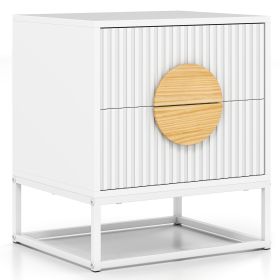 Modern Mid Century Fluted Nightstand with 2 Drawers and Pine Wood Handles for Bedroom (Color: White)