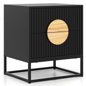 Modern Mid Century Fluted Nightstand with 2 Drawers and Pine Wood Handles for Bedroom (Color: Black)