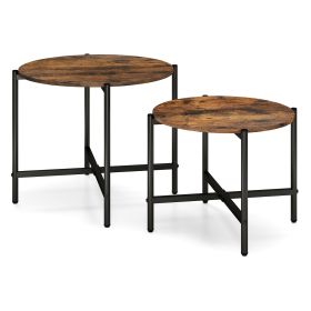 Round Coffee Table Set of 2 with Heavy-Duty Metal Frame (Color: Brown)